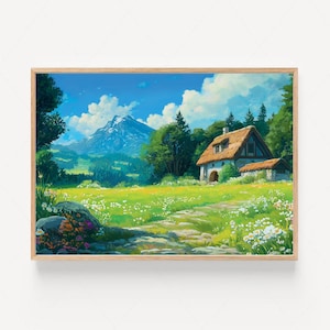 May include: A framed landscape painting depicts a quaint cottage with a thatched roof nestled in a vibrant green meadow. A snow-capped mountain rises in the background under a bright blue sky with fluffy white clouds. The scene is filled with wildflowers.