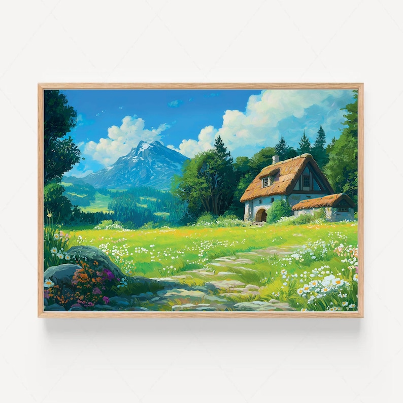 May include: A framed landscape painting depicts a quaint cottage with a thatched roof nestled in a vibrant green meadow. A snow-capped mountain rises in the background under a bright blue sky with fluffy white clouds. The scene is filled with wildflowers.