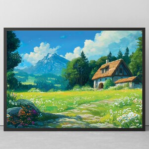 May include: A framed landscape print depicts a quaint cottage with a thatched roof nestled in a vibrant green meadow. A stone path leads through the wildflowers towards the cottage, with a mountain range in the background under a blue sky.