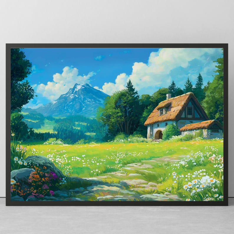 May include: A framed landscape print depicts a quaint cottage with a thatched roof nestled in a vibrant green meadow. A stone path leads through the wildflowers towards the cottage, with a mountain range in the background under a blue sky.