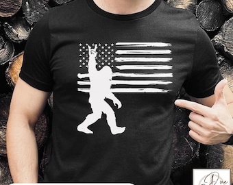 Sasquatch American Flag Shirt, Fun Bigfoot Tee, Bigfoot Hiking T-Shirt, Funny Camping Top, Unique Gag Gift, Bigfoot Lover Gift Shirt