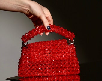 Red Crystal Beaded Bag/ Lolita Transparent Luxury Beaded Purse/ Handmade Shoulder beaded purse/ Vintage 00s Bead Purse/ Crossbody Bead Purse