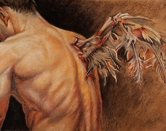 Original Pastel Art Drawing "Wounded Wing"  Neo-Baroque Male Figure Wall Art