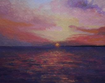 Zonsondergang zeegezicht aquarel origineel oceaanlandschapsschilderij
