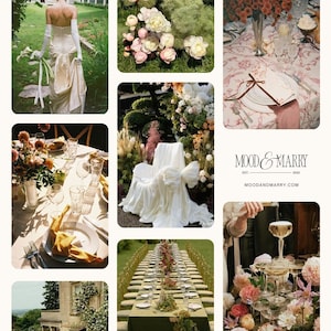 Tablero de ideas para bodas en el jardín / Plantilla de Canva para fiestas florales en el jardín / Estilo vintage romántico para bodas / Guía para bodas al aire libre