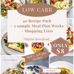 40 Low Carb Recipe Pack.  Beautiful digital download of 40 healthy & delicious low-carb recipes.  Breakfast, lunch, dinner, treats/smoothies