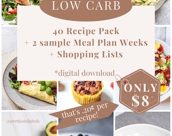 Può includere: Un download digitale per un pacchetto di ricette a basso contenuto di carboidrati con 40 ricette, 2 settimane di piano pasto di esempio e liste della spesa. L'immagine mostra vari pasti a basso contenuto di carboidrati, tra cui insalate, involtini e pancake. Il testo "SOLO 8 €" è visualizzato in un esagono marrone.