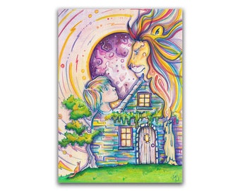 May include: A colourful illustration of a young person standing in front of a house with a lion's head peeking out of the roof. The house is made of brick and has a small window and a door. The lion's mane is a rainbow of colours. The background is a swirling galaxy with a purple planet.