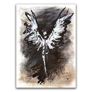May include: A black and white abstract painting of an angel with wings spread wide. The angel is depicted in a minimalist style with a focus on the wings.