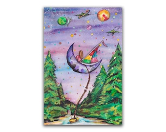 May include: A watercolour painting of a crescent moon with a person sitting in a colourful sailboat. The moon is suspended in the air by a rope that is attached to a small boat in a river. The background is a purple sky with stars and planets.