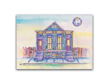 Kunstdruck - NOLA House 4 (Giclée Fine Art Print) New Orleans Kunstwerk Illustration Doppel Shotgun home skurrile Wanddekoration Halbmond Stadt