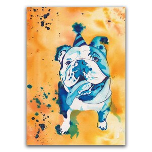 May include: A watercolor painting of a bulldog wearing a blue and white party hat. The bulldog is white with blue accents and is set against a yellow and orange background with blue and green splatters.