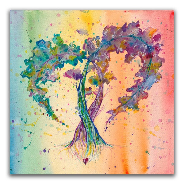 Art Print - Love Tree (Giclée Fine Art Print) watercolor artwork whimsical colorful rainbow illustration home decor wall hanging painting