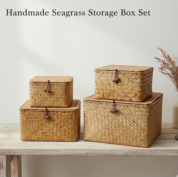 Set of 4 Handmade Woven Seagrass Storage Boxes