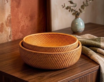 Cesta redonda de ratán tejido - Cuencos decorativos de almacenamiento hechos a mano