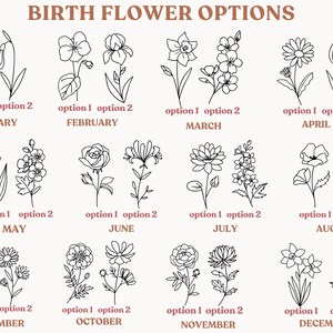 May include: A chart titled BIRTH FLOWER OPTIONS displaying black line art illustrations of two flower choices for each month from January to December. Each flower is labeled with option 1 or option 2 in brown text below the corresponding month name.