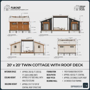 May include: Architectural floor plan for a 20' x 20' twin cottage with a roof deck, featuring east, south, north, and west elevations. The document includes technical specifications for interior space, ceiling height, foundation, and roof pitch.