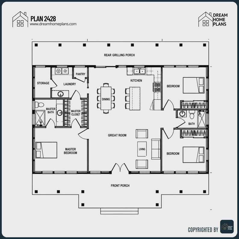 May include: A black and white architectural floor plan labeled "PLAN 2428" with the website address "www.dreamhomeplans.com." The plan includes a kitchen, dining area, bedrooms, and a rear grilling porch.