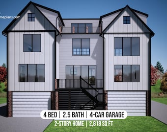 May include: Architectural rendering of a modern two-story home with a white exterior, black trim, and a four-car garage. The design includes multiple windows, a balcony, and a staircase. The text indicates 4 beds, 2.5 baths, and 2,818 sq ft.