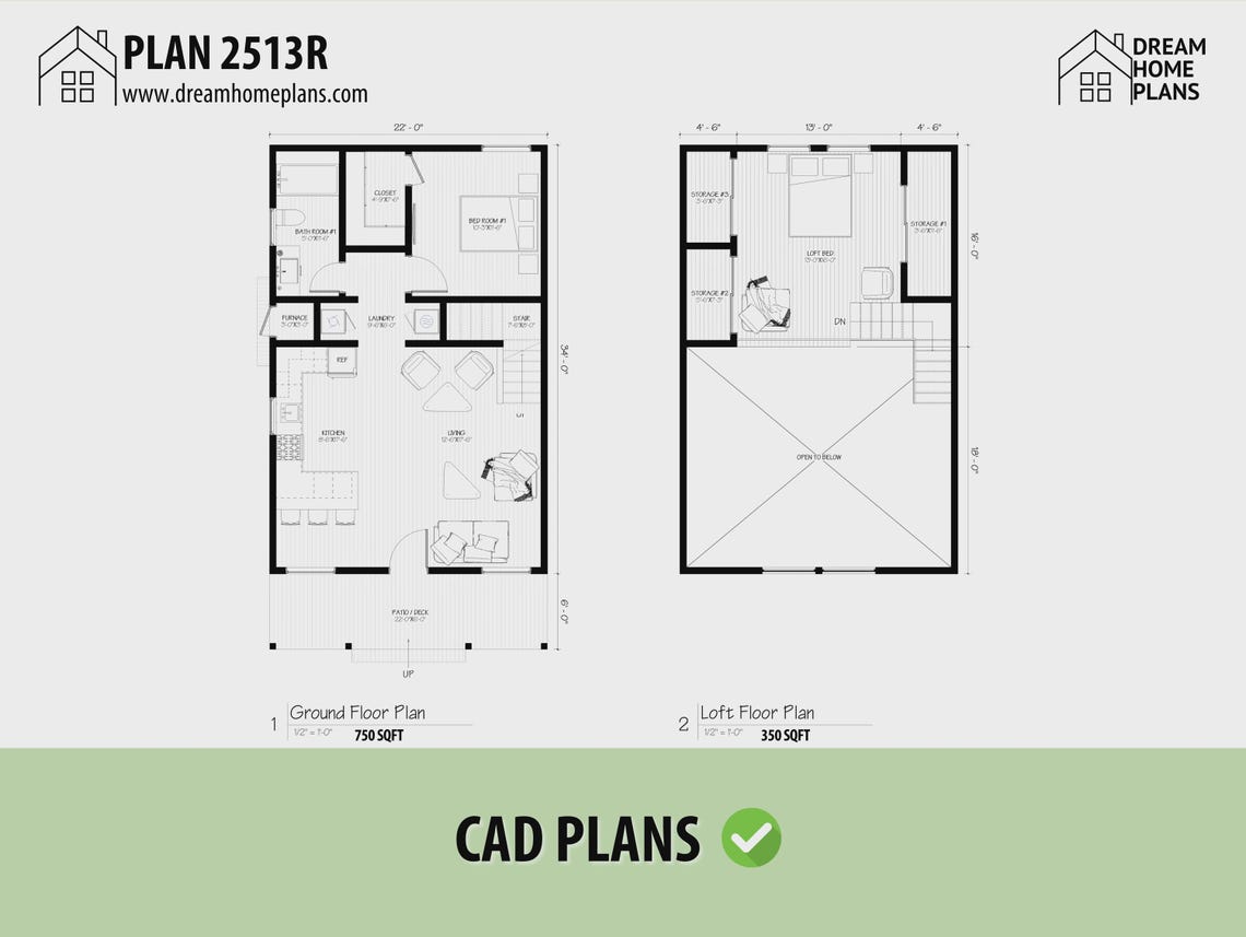 Rustic Cabin House Plan With Loft | 2 Bed, 1 Bath, 1285 Sqft (digital ...