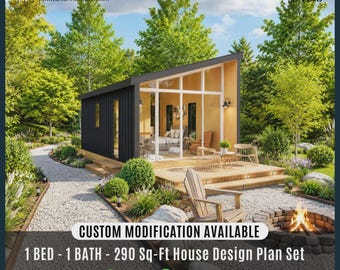 Planos de cabaña moderna de cristal / Diseño de 290 pies cuadrados, 1 dormitorio, 1 baño (Descarga digital)
