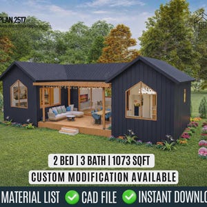 Planos de casas tipo cabaña modernas con porche: 2 habitaciones, 3 baños (descarga digital)