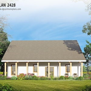 May include: A digital rendering of a white house with a gray roof, wooden columns, and windows. The house is surrounded by green grass, trees, and colorful flowers. The text "PLAN 2428" and "www.dreamhomeplans.com" are visible.