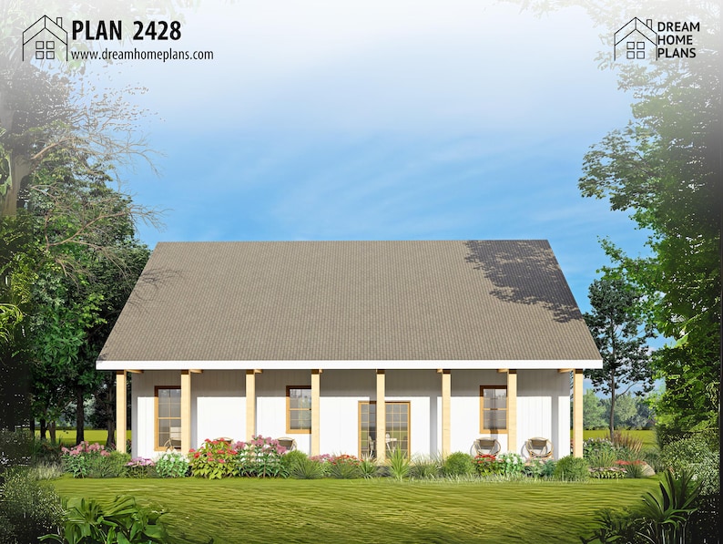 May include: A digital rendering of a white house with a gray roof, wooden columns, and windows. The house is surrounded by green grass, trees, and colorful flowers. The text "PLAN 2428" and "www.dreamhomeplans.com" are visible.