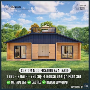 May include: A modern house design plan with a dark blue roof and light wood siding. The image shows a 1-bedroom, 2-bath house plan set, with a 720 sq-ft floor plan. The design includes a balcony and large windows. Text on the image says "Custom Modification Available".