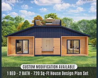 May include: A modern house design plan with a dark blue roof and light wood siding. The image shows a 1-bedroom, 2-bath house plan set, with a 720 sq-ft floor plan. The design includes a balcony and large windows. Text on the image says "Custom Modification Available".