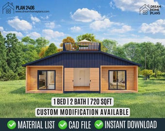 Modern Monitor Roof Cabin Plan | 1 Bed 2 Bath Small Custom House Blueprint (Digital Download)