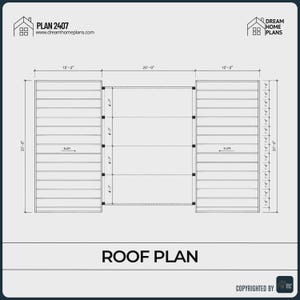 May include: A technical roof plan labeled Plan 2407 from dreamhomeplans.com. The diagram displays three rectangular roof sections with dimensions of 12'-2" by 20'-0" on the sides and 20'-0" by 18'-10" in the center, including slope indicators.