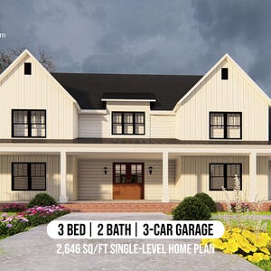 May include: A white farmhouse style home with a black roof and a large front porch. The home has a 3-car garage and is 2,646 square feet. The text "Plan 2329 dreamhomeplans.com" is visible in the top left corner of the image. The text "DREAM HOME PLANS" is visible in the top right corner of the image.