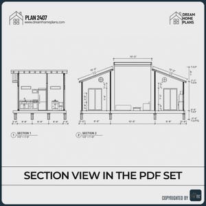 May include: Architectural floor plan drawing labeled PLAN 2407 by dreamhomeplans.com showing Section 1 and Section 2 views. The black and white technical diagram displays interior layouts, wall heights, and structural dimensions in feet and inches.