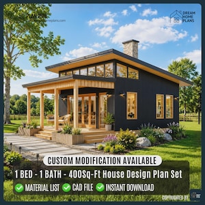 Plano de cabaña moderna de 20'x20' / Planos de casas personalizadas, diseño de loft (descarga digital)
