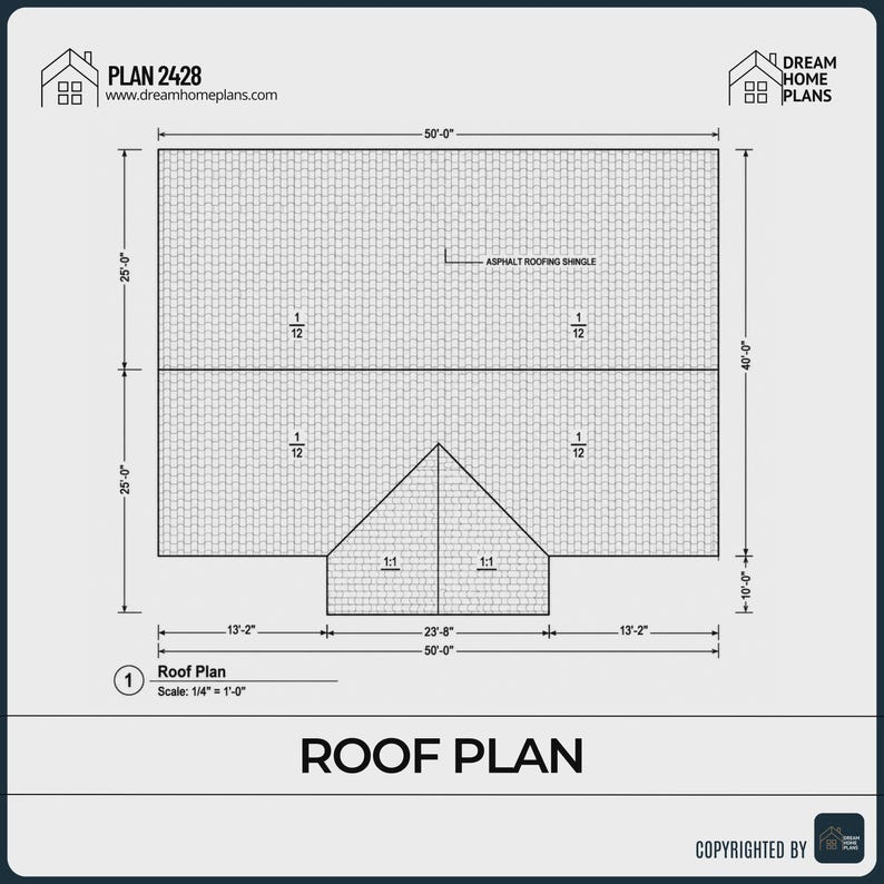 May include: A detailed roof plan with dimensions in feet and inches. The plan includes measurements like 50'-0" and 40'-0", and features a textured asphalt roofing shingle pattern. The text "Roof Plan" is prominently displayed.