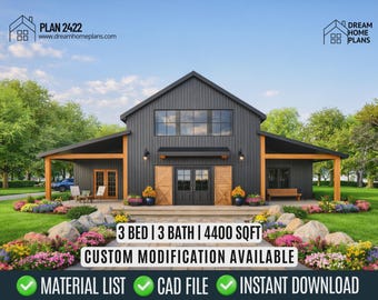 Barndominium House Plan Farmhouse Style |  Modern Custom house Blueprint with 3 Bed, 2 Bath ( Digital Download )