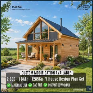 Rustic House Plan with Loft | 2 Bed, 1 Bath, 1285 Sq-Ft Cabin Blueprints (Digital Download)