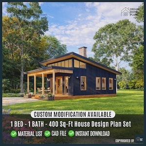 Puede incluir: Un diseño de casa moderno en azul oscuro con porche cubierto y grandes ventanas. La imagen incluye el texto "CUSTOM MODIFICATION AVAILABLE" y detalla un conjunto de planos de casa de 1 dormitorio, 1 baño, 37 m². El diseño está rodeado de árboles y hierba verde.