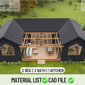May include: Architectural rendering of a modern, black-sided house with a dark roof. The open-air interior features a living area and dining space. Text includes "PLAN 2514", "2 BED | 3 BATH | 1 KITCHEN", "MATERIAL LIST", and "CAD FILE".