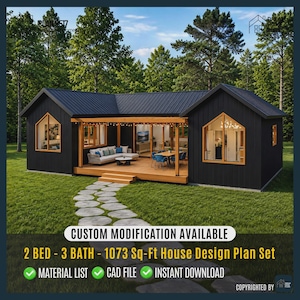 Modern Cabin House Plans, 2 Bed 3 Bath, 1073 Sq Ft (Digital Download)