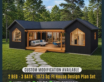 Modern Cabin House Plans, 2 Bed 3 Bath, 1073 Sq Ft (Digital Download)