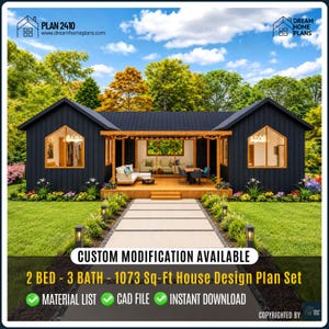 Modern Tiny Cottage house | Architectural Plans, Custom House | 2Bed, 3bathroom, 1 Kitchen, Porch