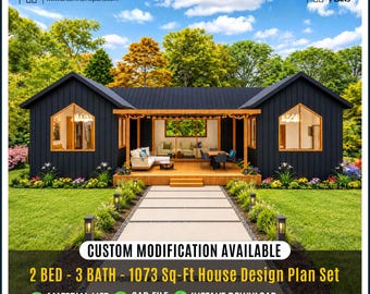 Modern Tiny Cottage house | Architectural Plans, Custom House | 2Bed, 3bathroom, 1 Kitchen, Porch