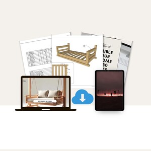 May include: A digital illustration of a wooden bed swing with a white cushion. The image is on a laptop screen with the text "Bed Swing 3D Plans". A blue cloud with a white download arrow is in the foreground. The image is part of a collection of digital plans for building furniture.