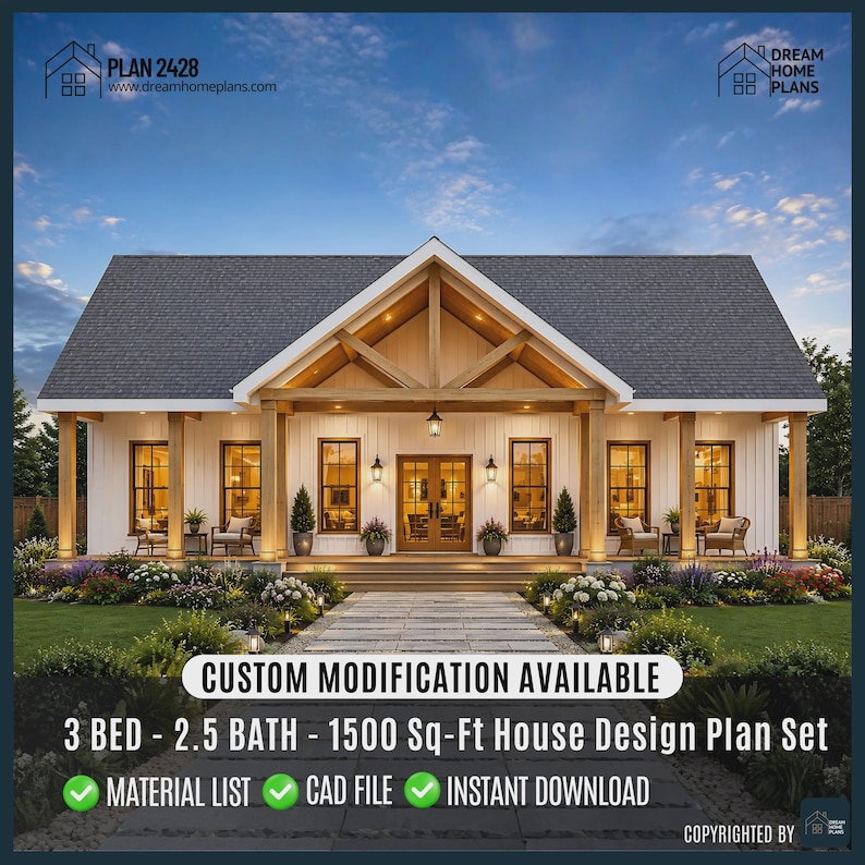May include: A digital rendering of a modern farmhouse design. The house features a white exterior, a dark gray roof, and a covered porch with wooden beams. Text on the image reads: "3 BED - 2.5 BATH - 1500 Sq-Ft House Design Plan Set."