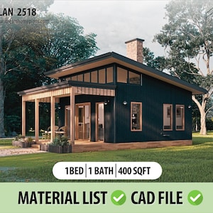 Modern Tiny Cabin House-plattegrond 20'x20' | Huisontwerp loft | Pdf met blauwdrukken voor kleine huizen | 1 slaapkamer, 1 badkamer, volledige bouwtekeningen