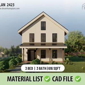 Plattegrond moderne boerderij op maat: luxe huisplattegronden, ruimtebesparend ontwerp, 3 slaapkamers en badkamers | Bouwplannen, afdrukbare blauwdruk pdf