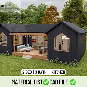 May include: A black modern house plan with a sloped roof, featuring large windows and an outdoor seating area. The image includes text that reads "PLAN 2517", "2 BED | 3 BATH | 1 KITCHEN", "MATERIAL LIST CAD FILE". The house is surrounded by green grass and trees.