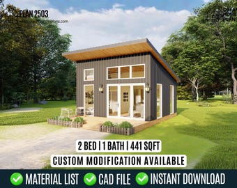 Modern Tiny House Plans, 21x21 Cabin Style | Small Custom House Cottage Plan (Digital Download)